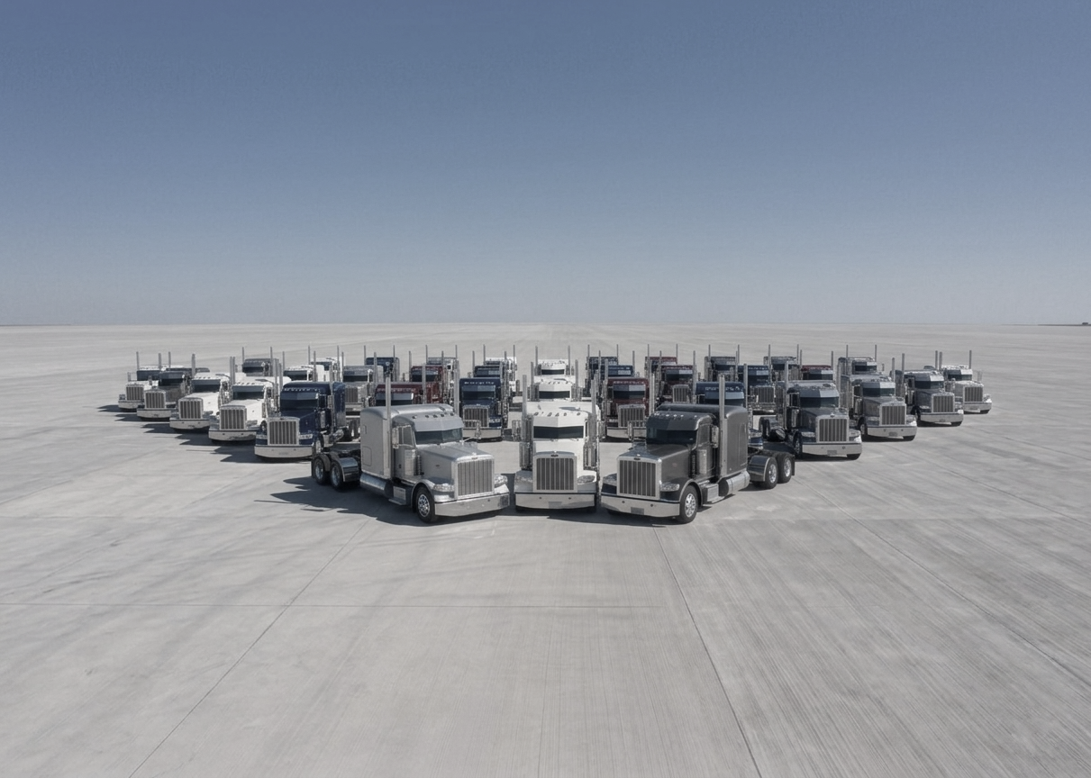 Sebastian's 60-truck fleet on a salt flat, arranged in a wide crescent formation