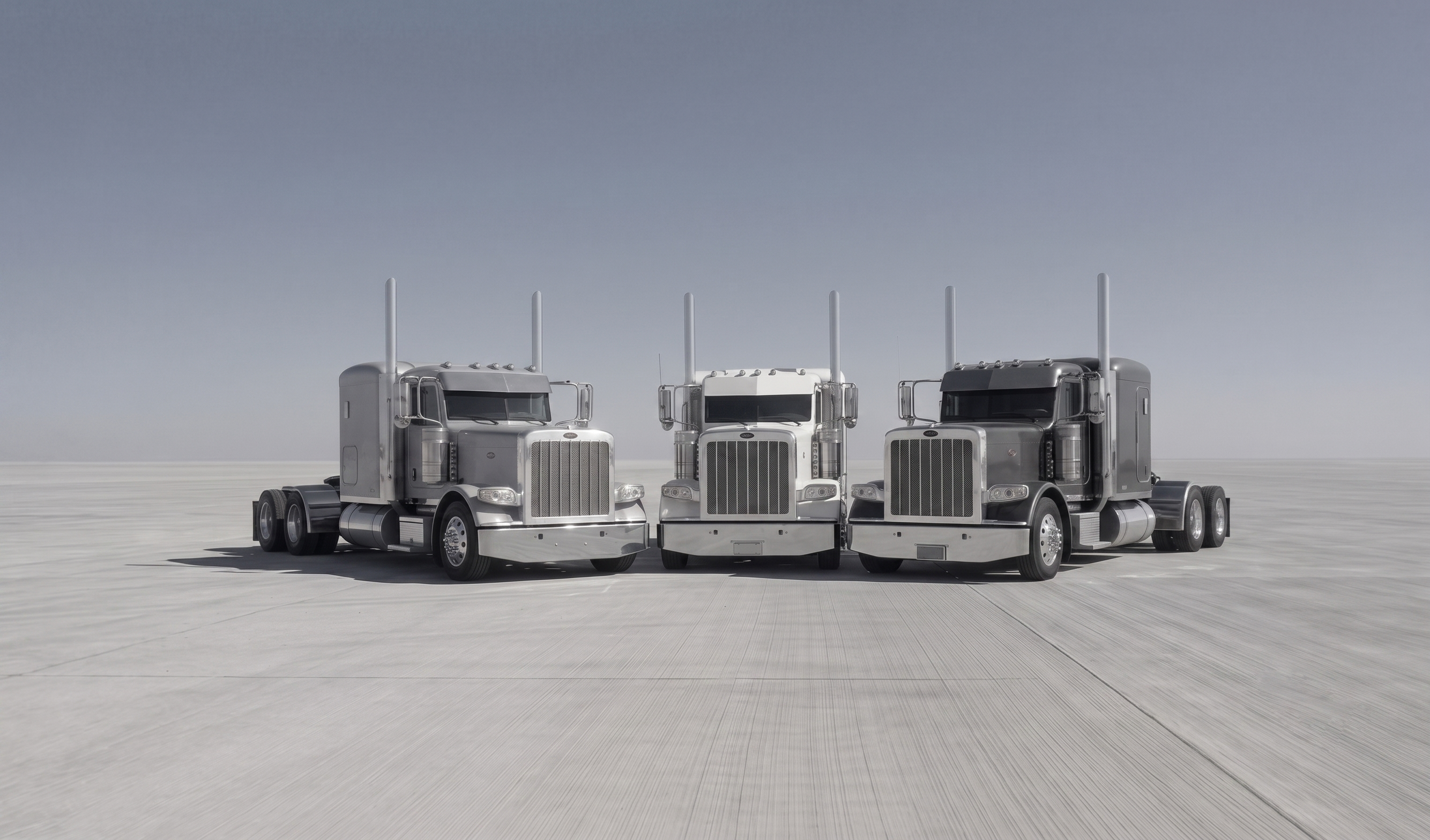 Three semi-trucks lined up on an open salt flat